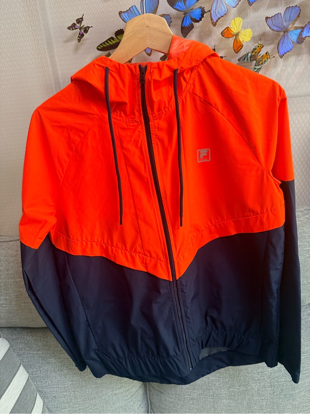 Fila Sport  Two-Tone Hooded Windbreaker Jacket - Orange/Black S Bright & Stylish